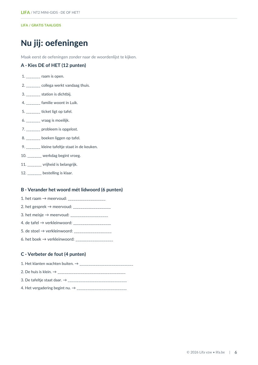 Page d'exercices du mini-guide DE of HET : choisir DE ou HET, former le pluriel et le diminutif, et corriger des erreurs