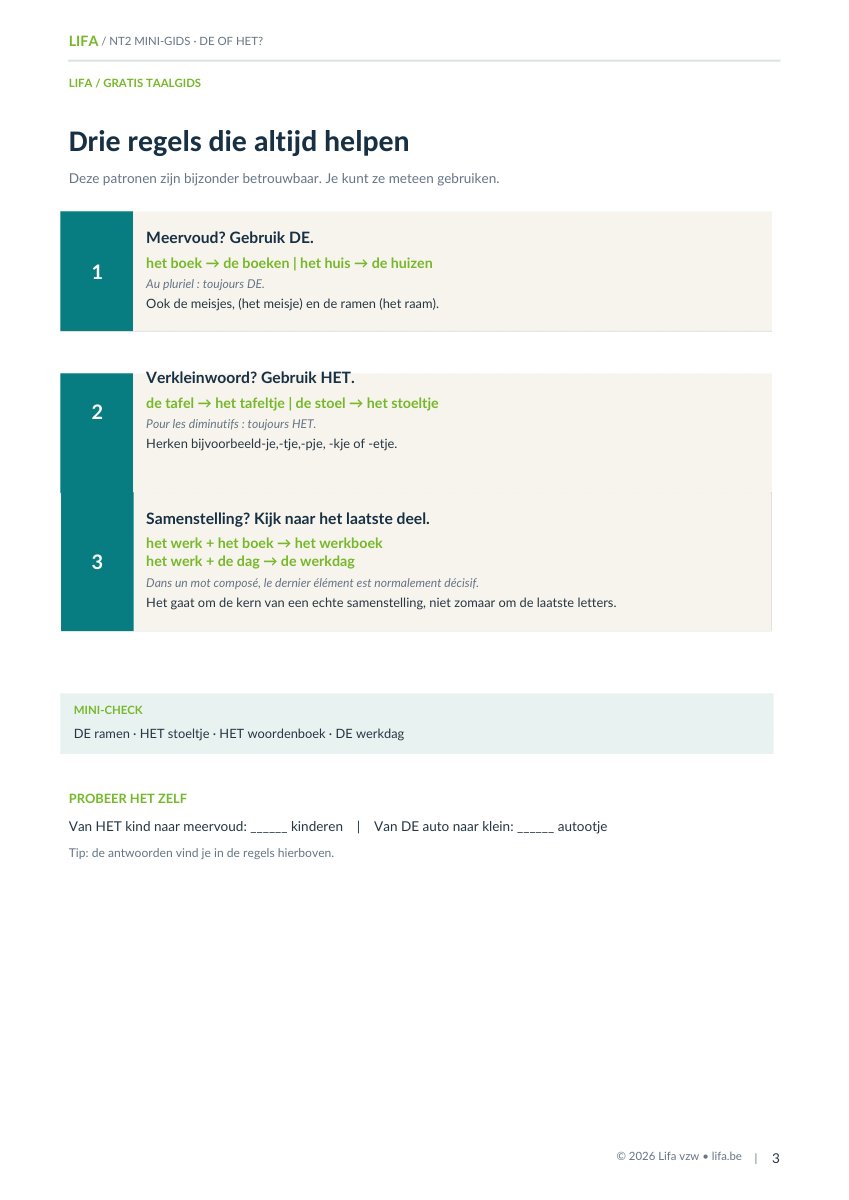 Page du mini-guide DE of HET présentant trois règles fiables : le pluriel prend DE, le diminutif prend HET, et dans un mot composé c'est le dernier mot qui décide